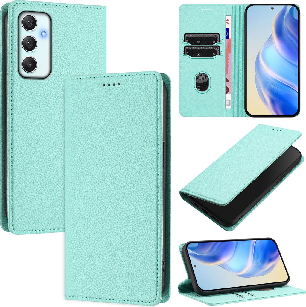 Litchi Leder Handyhülle für Samsung Galaxy A35 Wallet Kartenfächer Standfunktion Hülle Türkis