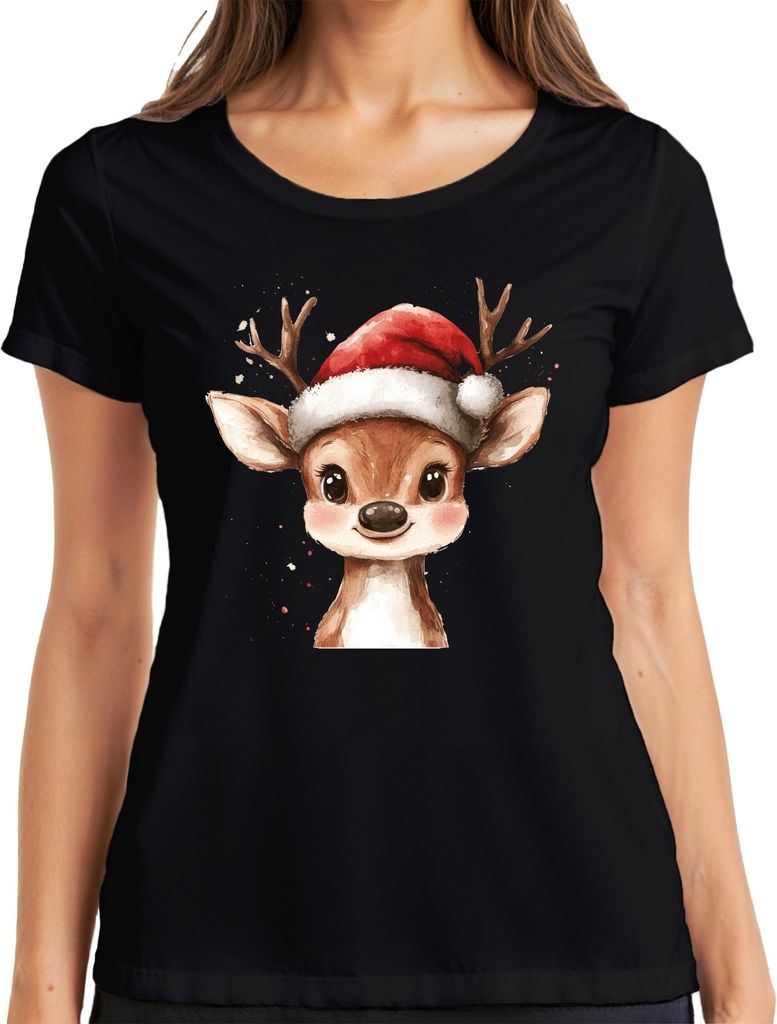 Weihnachtsrentier niedlich Aquarell Santa Hirsch Geschenk Damen T-Shirt, Schwarz, XL