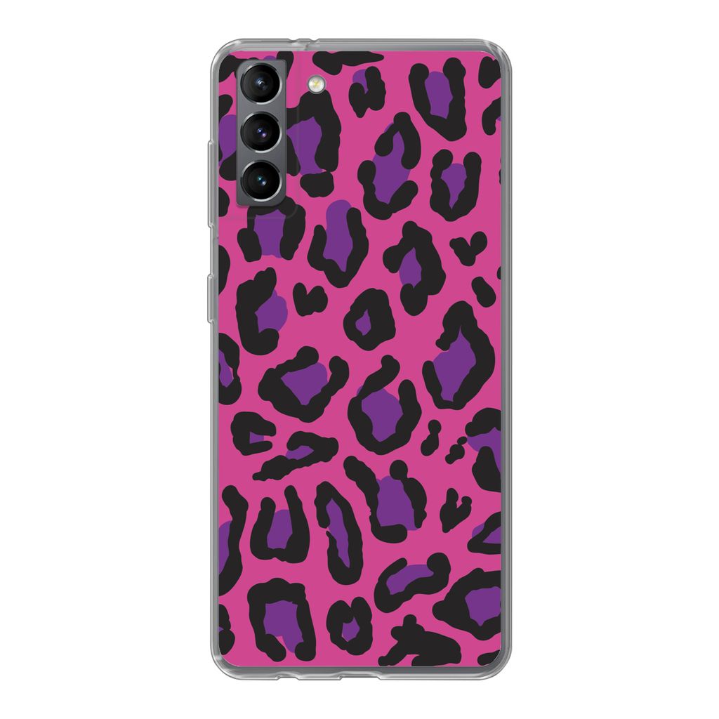 MuchoWow Handyhülle Schutzhülle Hülle für Samsung Galaxy S21 Plus Pantherdruck - Rosa - Lila Silikon Softcase Handy Hülle - Handy-Tasche
