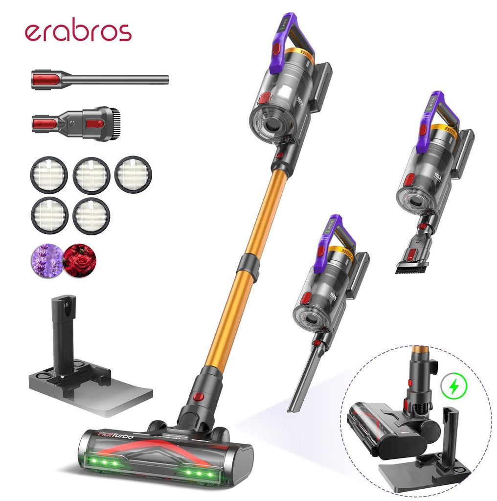 ERABROS EV7 Akku-Staubsauger 550W, 70 kPa Saugkraft, bürstenlos, bis 70 Min. Laufzeit, mit Ladestation und Aromafunktion
