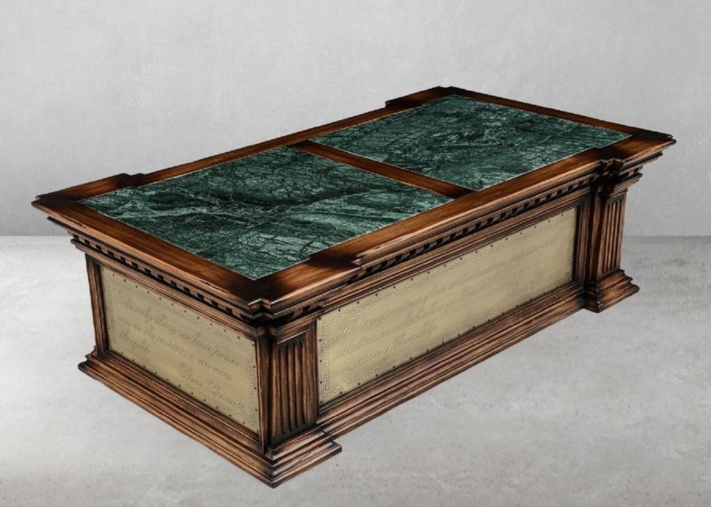 Casa Padrino Luxus Vintage Stil Couchtisch Braun / Grün / Messing 156 x 89,5 x H. 48 cm - Rechteckiger Massivholz Wohnzimmertisch mit Schublade - ...