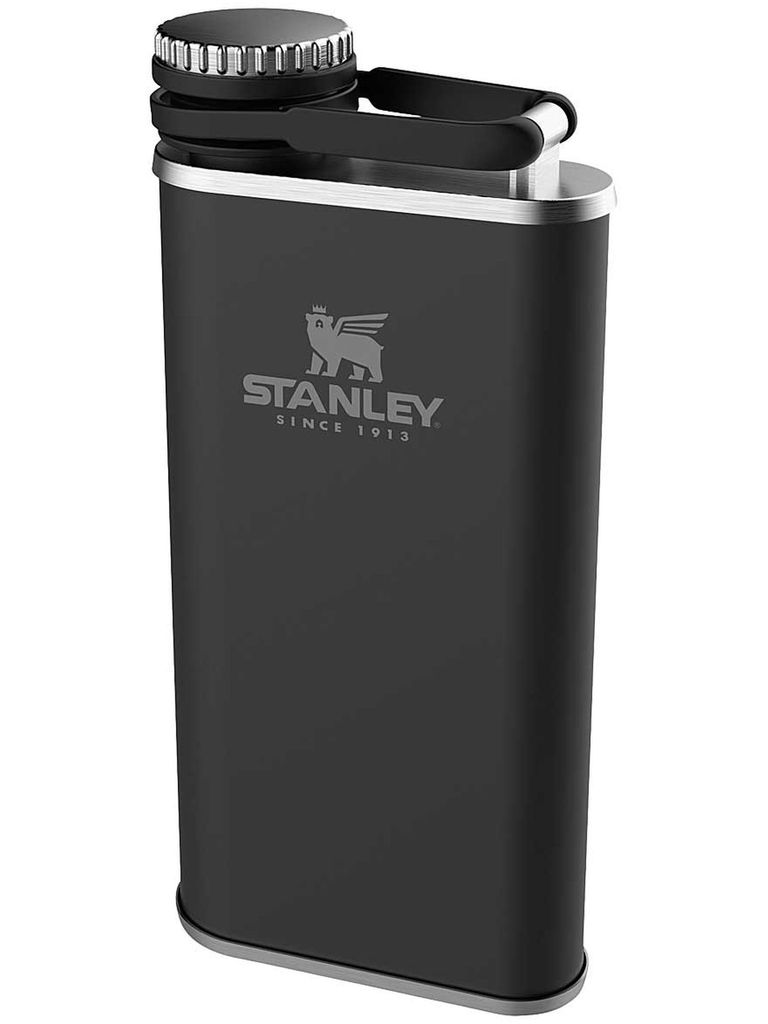 A black Stanley flask with a silver lid and base, shown against a white background.