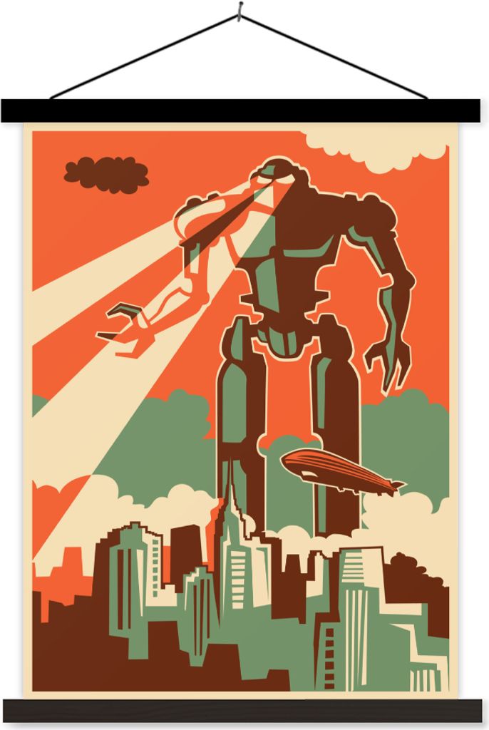 MuchoWow Textilposter Roboter - Vintage - Zeichnung 60x80 cm mit schwarzem Rahmen - Plakathalter