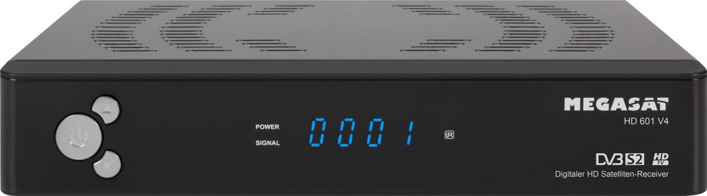 A black satellite receiver with a digital display and buttons on the front panel.