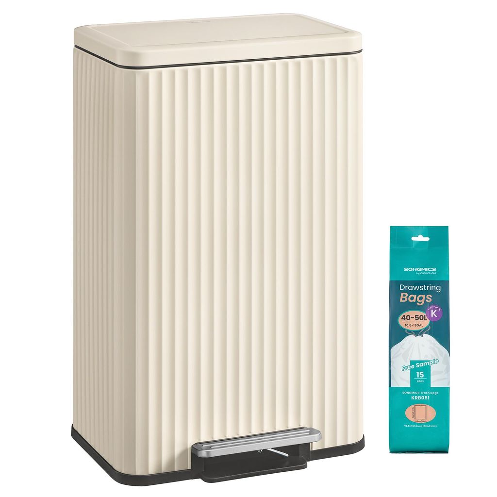 Abfalleimer für Küche, Mülleimer aus Stahl, mit Deckel und herausnehmbarem Inneneimer, Softclose, 50 Liter, creme