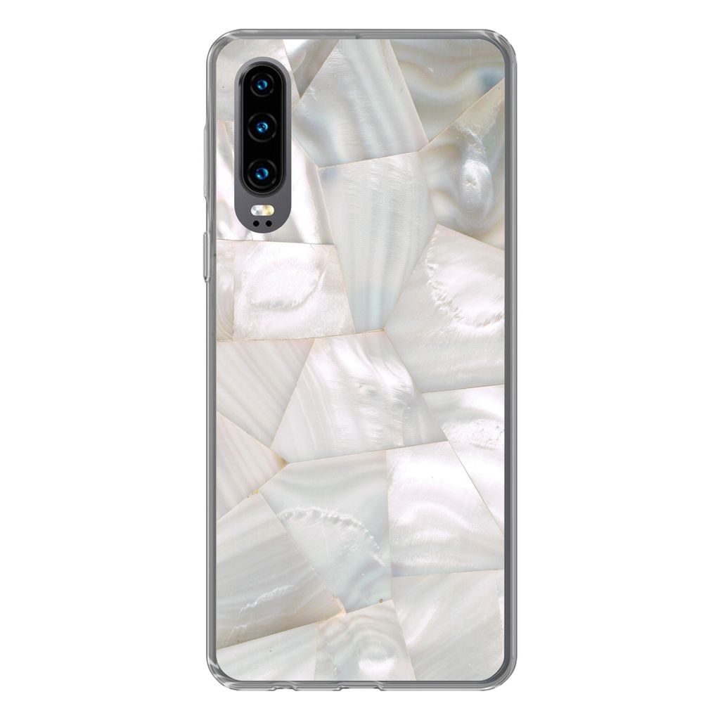 MuchoWow Handyhülle Schutzhülle Hülle für Huawei P30 Naturstein - Perlmutt - Weiß Silikon Softcase Handy Hülle - Kartenbesitzer