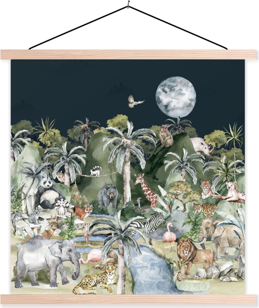 MuchoWow Textilposter Kinder - Dschungel - Natur - Tiere - Pflanzen 120x120 cm mit holzfarbenen Rahmen - Textil-Poster