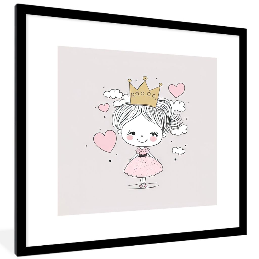 MuchoWow Gerahmtes Poster Prinzessin - Krone - Rosa - Mädchen - Pastell 40x40 cm - Poster mit Schwarzem Bilderrahmen Wandposter Rahmen Foto Bild...