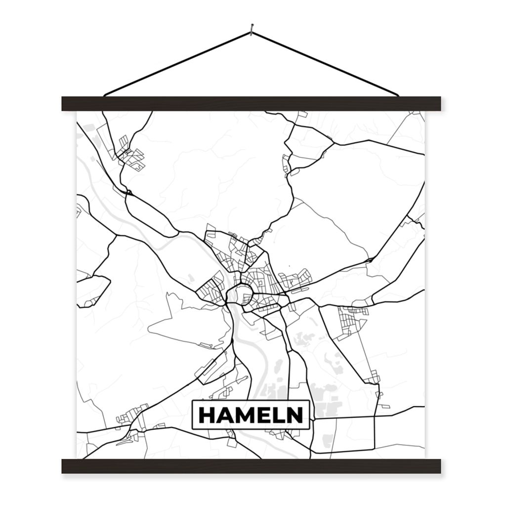 MuchoWow Textilposter Karte - Hameln - Karte - Stadtplan 120x120 cm mit schwarzem Rahmen - Aufhängungsset