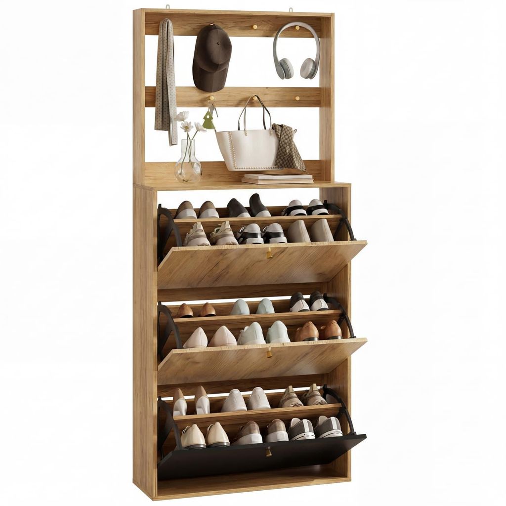 Moderner Schuhschrank mit Haken, 3 klappbaren Aufbewahrungsfächern, geeignet für den Flur, Naturholzoptik + Schwarz, Maße: B75/H180/T24 cm