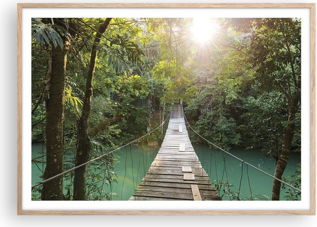 Gerahmtes Poster - Rahmen in heller Eiche - Brücke Seil Dschungel - 100x70 cm - Wand Bild - Wanddeko - Wandbilder - Kunstposter - Wandposter - Bil...