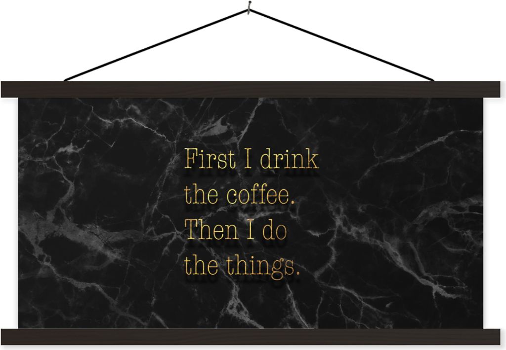 MuchoWow Textilposter Zitate - Kaffee - Gold - Marmor 150x75 cm mit schwarzem Rahmen - Posterleiste