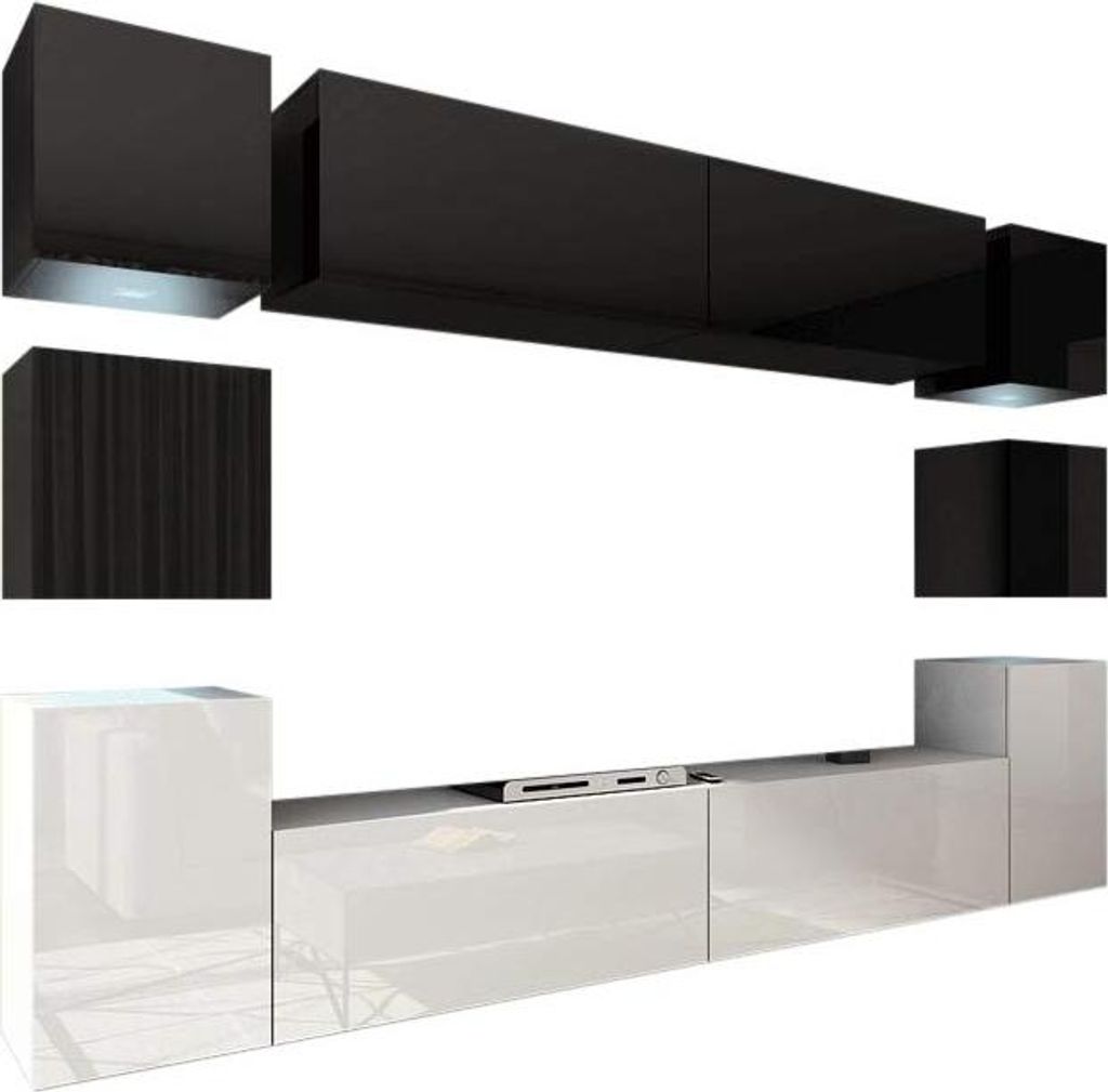 Furnitech Wohnwand Wohnzimmer - Wohnzimmer Möbel mit LED RGB - 16 Farben - Hängend Wohnwand Modern - Regale und TV Schrank (Future 14/HG/BW/2 1B ...