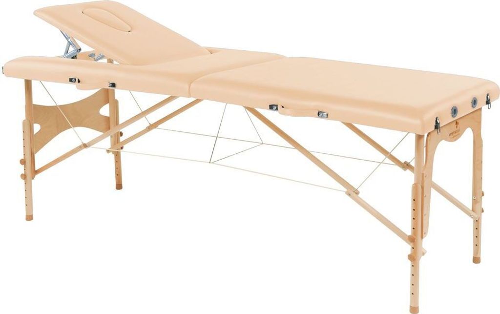 Behandlungsliege, Massageliege, Liege klappbar, mobil, Höhe 57-85 cm, aus Holz, Farbe:61 creme