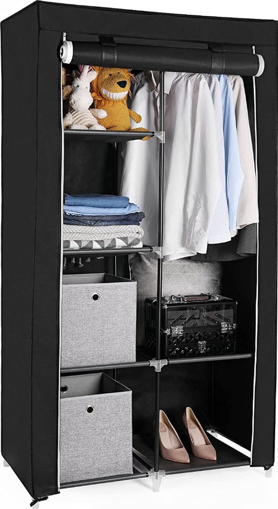 Kleiderschrank aus Stoff, Garderobe, für Schlafzimmer, Ankleidezimmer, mit Einlegeböden und Kleiderstangen, 88 x 45 x 168 cm, schwarz