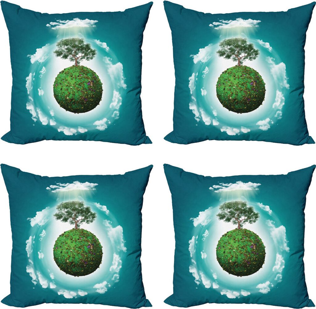 ABAKUHAUS Baum des Lebens Kissenbezug Set (4 Stück), Ökologie Weltkunst, Moderner Doppelseitiger Digitaldruck, 40 cm x 40 cm, Grün, Blau, Weiß