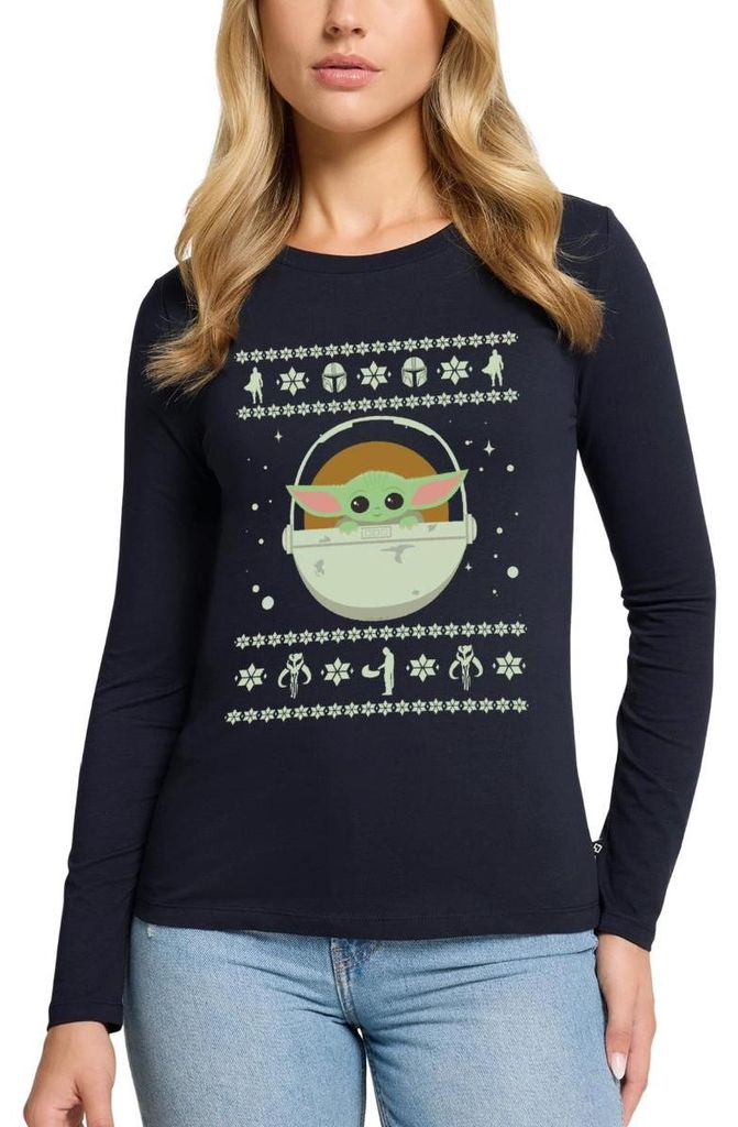 Star Wars: Mandalorian Baby Yoda Weihnachten Premium Langarmshirt Damen, 3XL, Navy