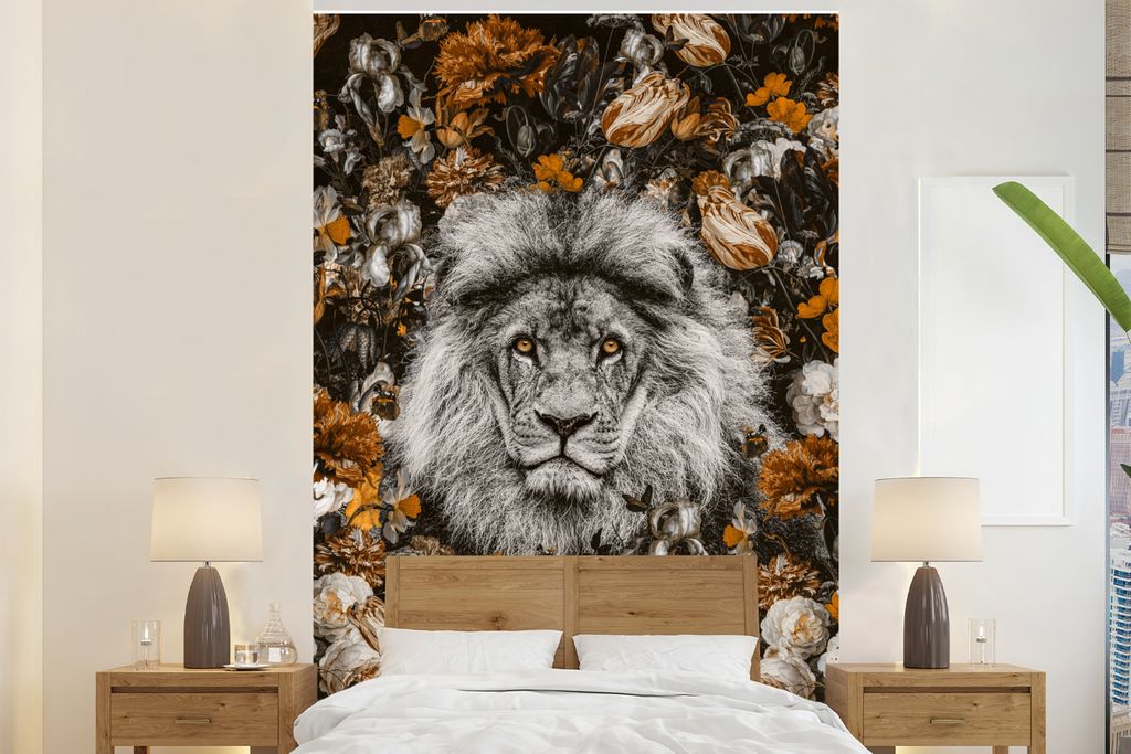 MuchoWow Fototapete für Wohnzimmer oder Schlafzimmer Wandtapete Vinyl Motivtapete Löwe - Flora - Farbe - 155x240 cm - Tapete