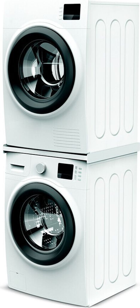 A stack of two white washing machines.