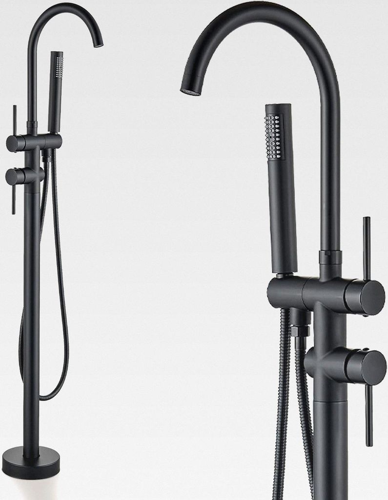 Freistehende Wannenarmatur Schwarz Badezimmerarmatur mit Handbrause Bodenmontage Badewanne Wasserhahn 2 Griffe 360° Drehen Duscharmaturen für Wanne