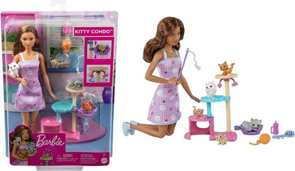 Barbie -Puppe und Kätzchen Kratzbaum Spielset mit Zubehör. Produktbild 