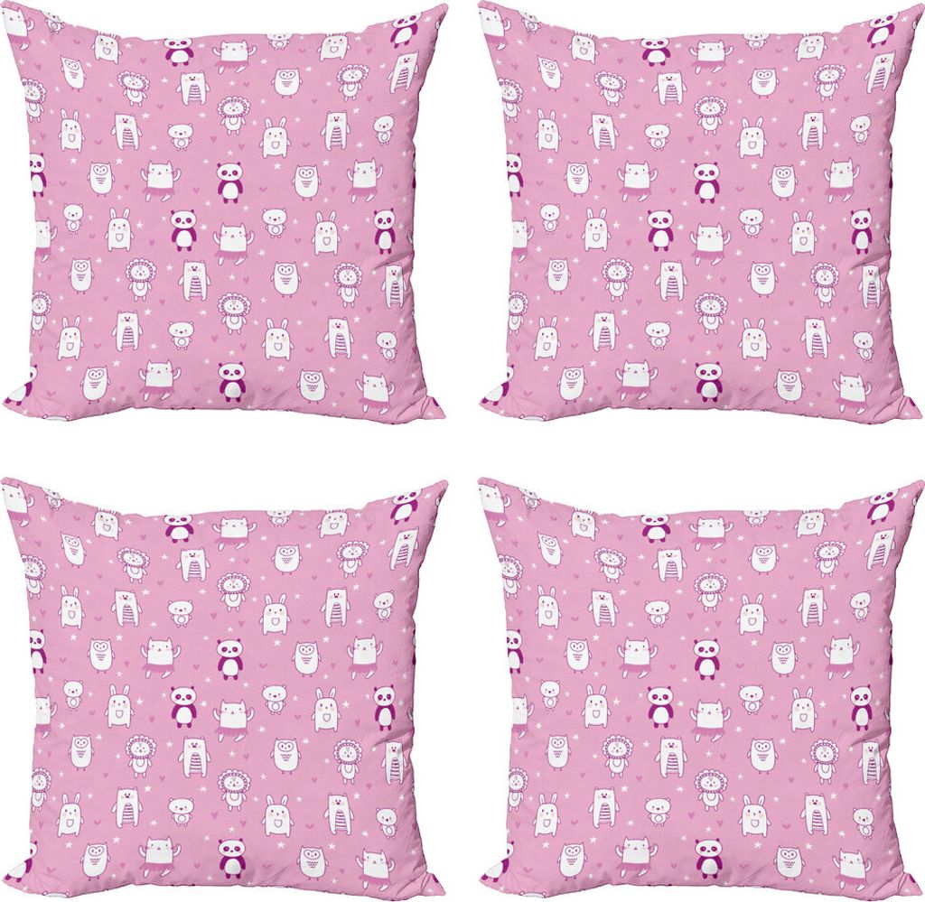 ABAKUHAUS Tierliebhaber Kissenbezug Set (4 Stück), Funny Animals Rosa, Moderner Doppelseitiger Digitaldruck, 50 cm x 50 cm, Pale Pink Lila