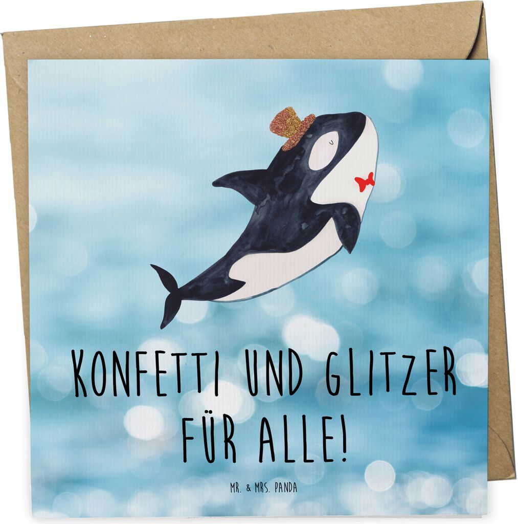Mr. & Mrs. Panda Glückwunschkarte Orca Zylinder - Oceanblue - Geschenk, Konfetti, Grußkarte, Narwal, Fest, Klappkarte, Geburtstag, Meer, faltkart...