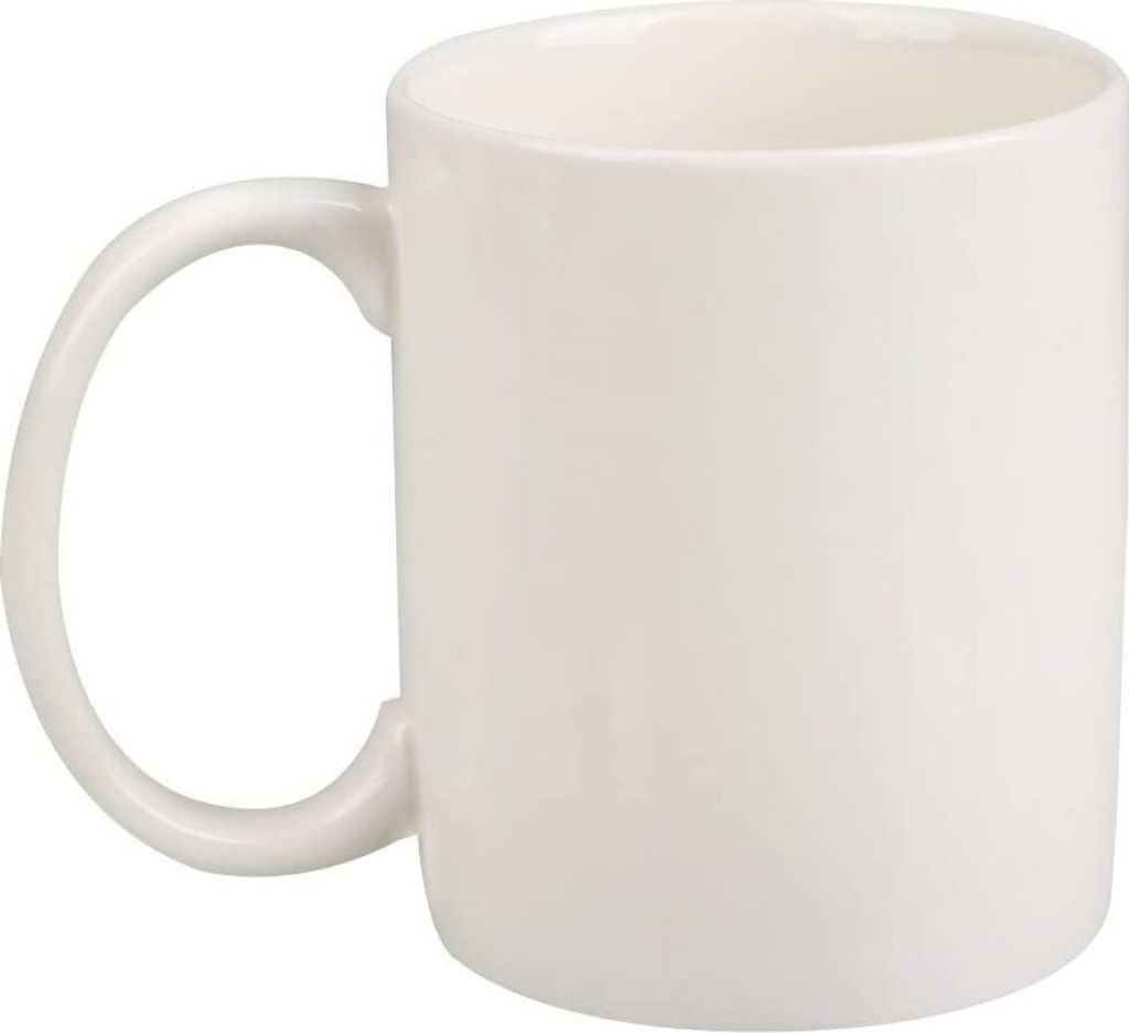 A white ceramic mug with a handle is shown against a white background.