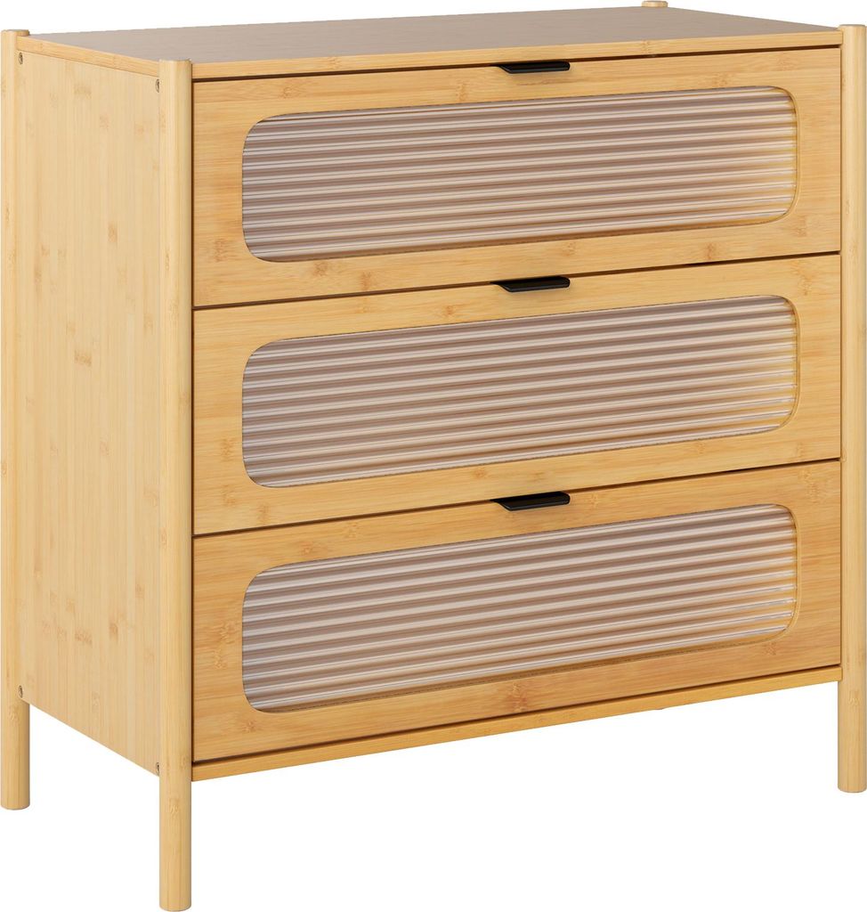 GOPLUS Kommode mit 3 Schubladen, Aufbewahrungsschrank aus gehärtetem Glas, Sideboard Bambus, Schubladenschrank, Natur (80 x 40 x 78,5 cm)