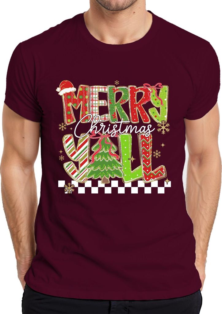 Merry Christmas Y'all Weihnachten Tannenbaum gestreift Glitzer Herren T-Shirt, Burgundy, M