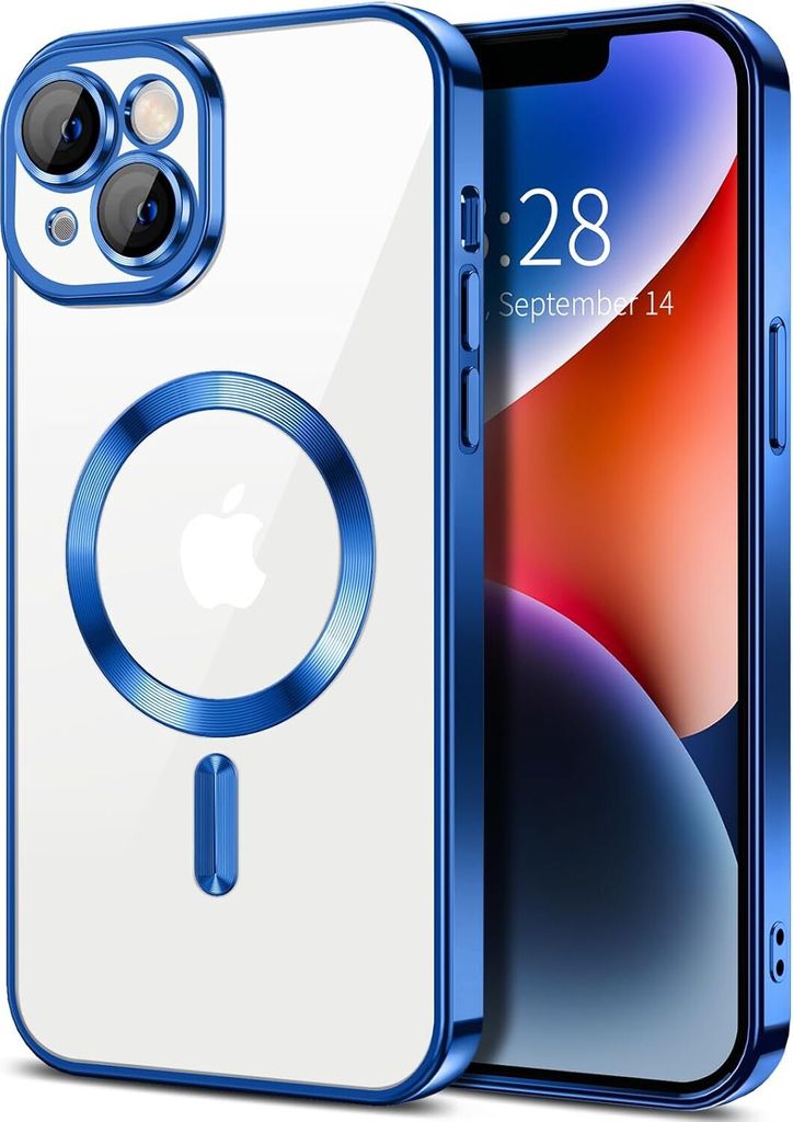 Magnetische Klar Hülle für iPhone 14 Plus, Kompatibel mit MagSafe, Elektroplattiert Handyhülle mit Kameraschutz Blau