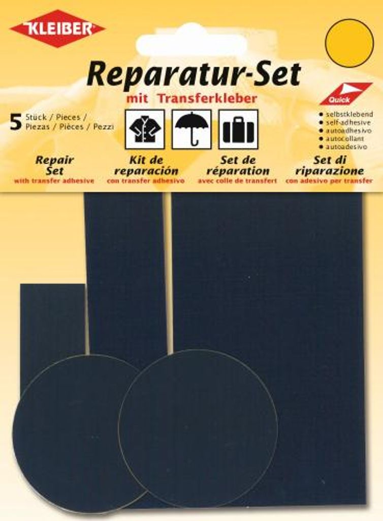 The image shows the packaging of a repair kit with transfer adhesive. The packaging displays the brand name, product name, and various icons indicating its use.