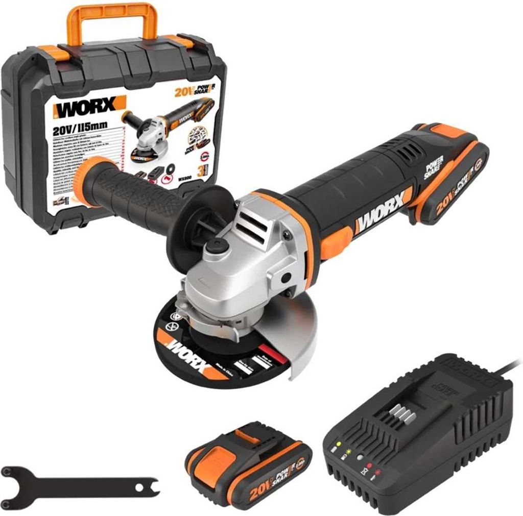 Worx Akku-Winkelschleifer WX800 mit 2 Akkus 20V/2,0 Ah, Ladegerät und Koffer