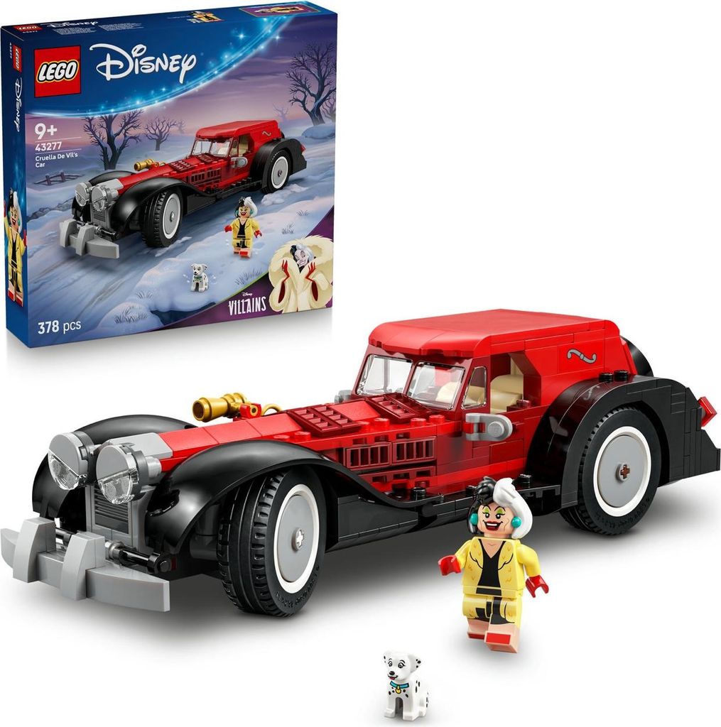A LEGO Disney Cruella de Vil car set with packaging and figures.