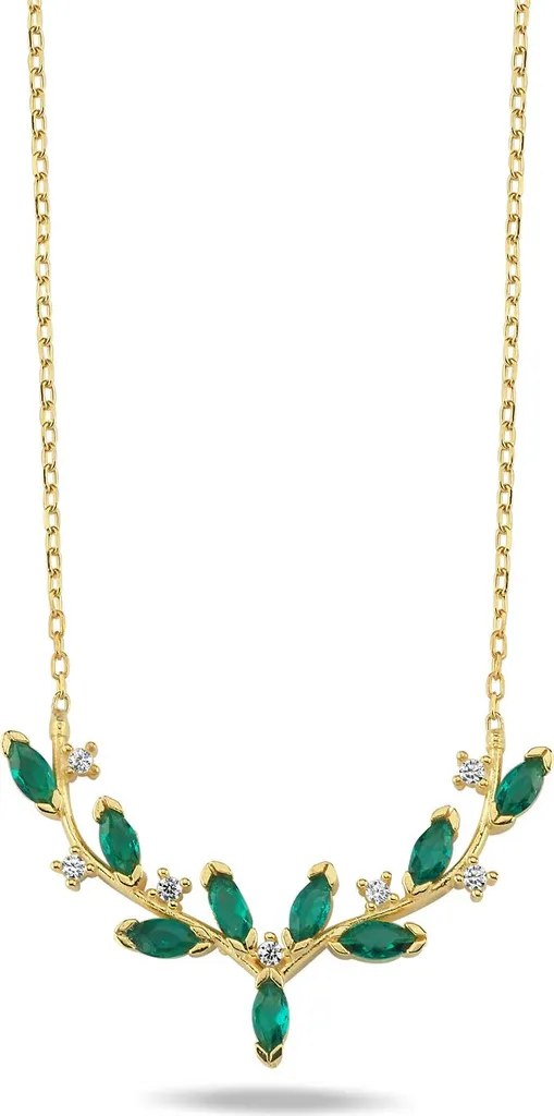 Collier motif lierre argent 925 doré et pierres vertes scintillantes