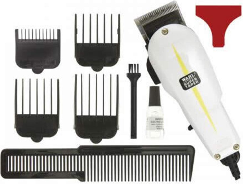 A collection of hair clippers and accessories laid out on a white background.