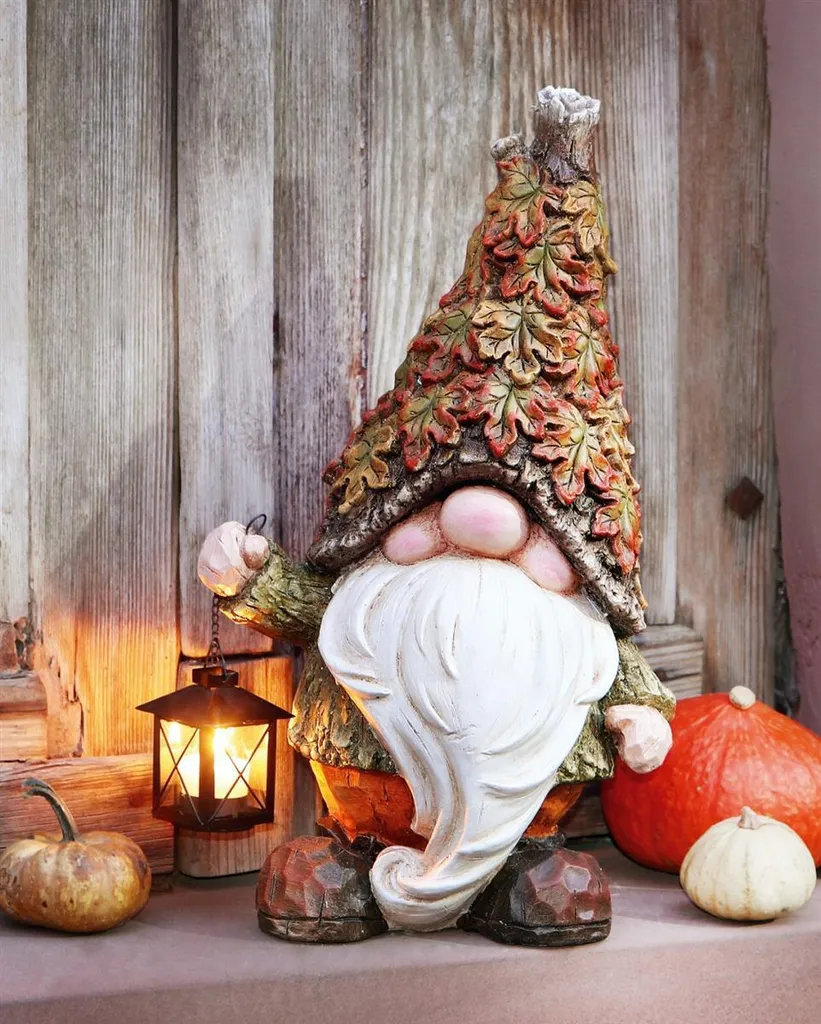 Statue de jardin lutin gnome d'automne 51 cm, figurine avec photophore