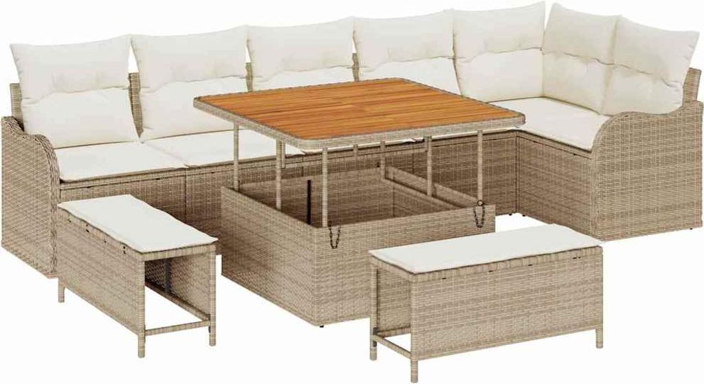 Gartensofa-set mit Kissen 9 pcs Beige Poly-Rattan