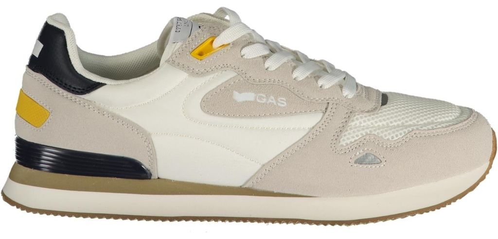 Weißer Herrensportschuh mit gelben/blauen Details und Schnürsenkeln