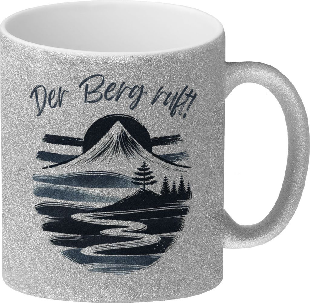 Berg und Wald Wanderer Glitzer-Kaffeebecher mit Spruch Der Berg ruft