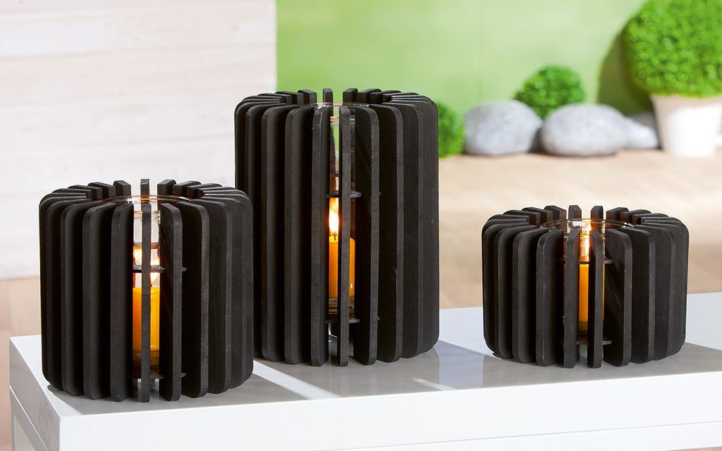 GILDE Serie 7tlg., Windlicht, zylindrisch, "Venta", Holz, schwarz