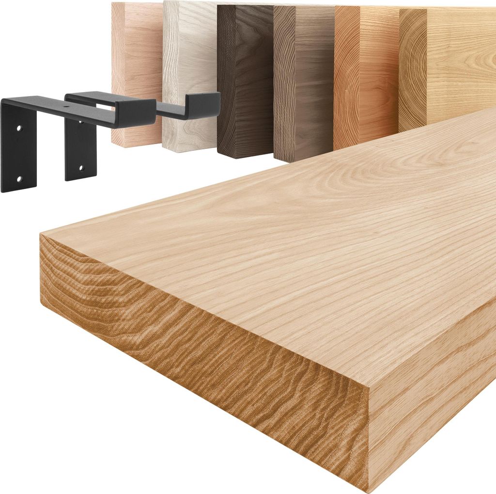 LAMO Manufaktur Wandregal Holz Gerade | Regal Farbe: Natur | mit schwarzem Original Regalträger | 50 cm