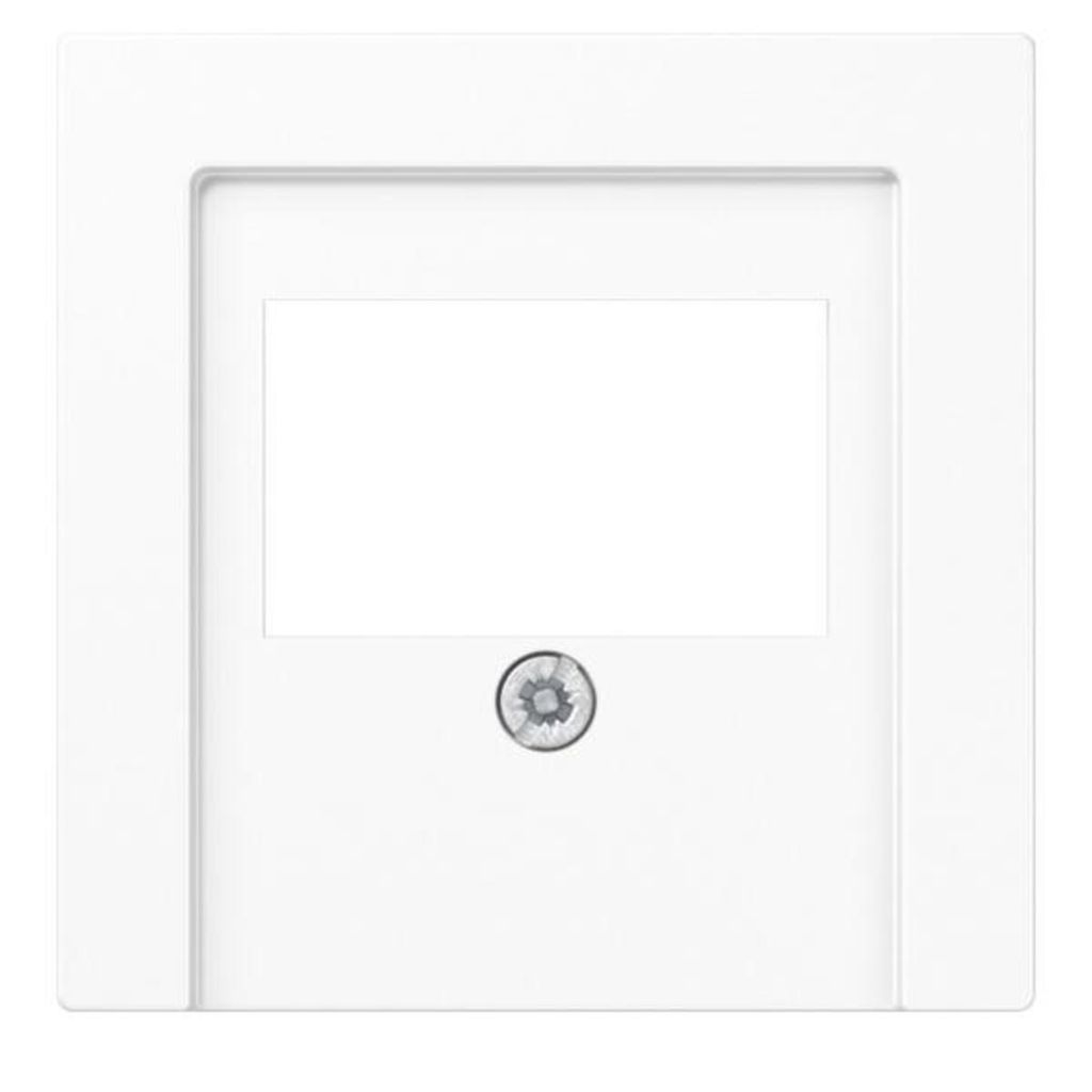 A white electrical wall plate with a blank rectangular insert and a single screw in the center.