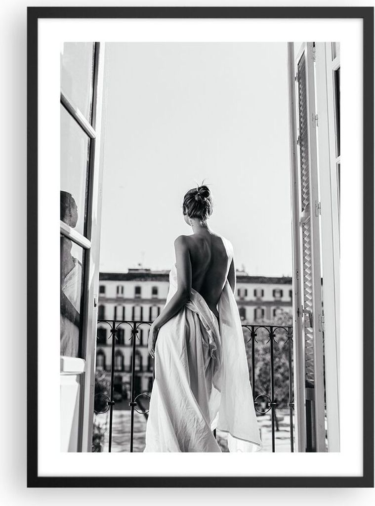 Gerahmtes Poster - Schwarzer Rahmen - Sinnlich Frau Balkon - 50x70 cm - Wand Bild - Wanddeko - Wandbilder - Kunstposter - Wandposter - Bilderrahmen...