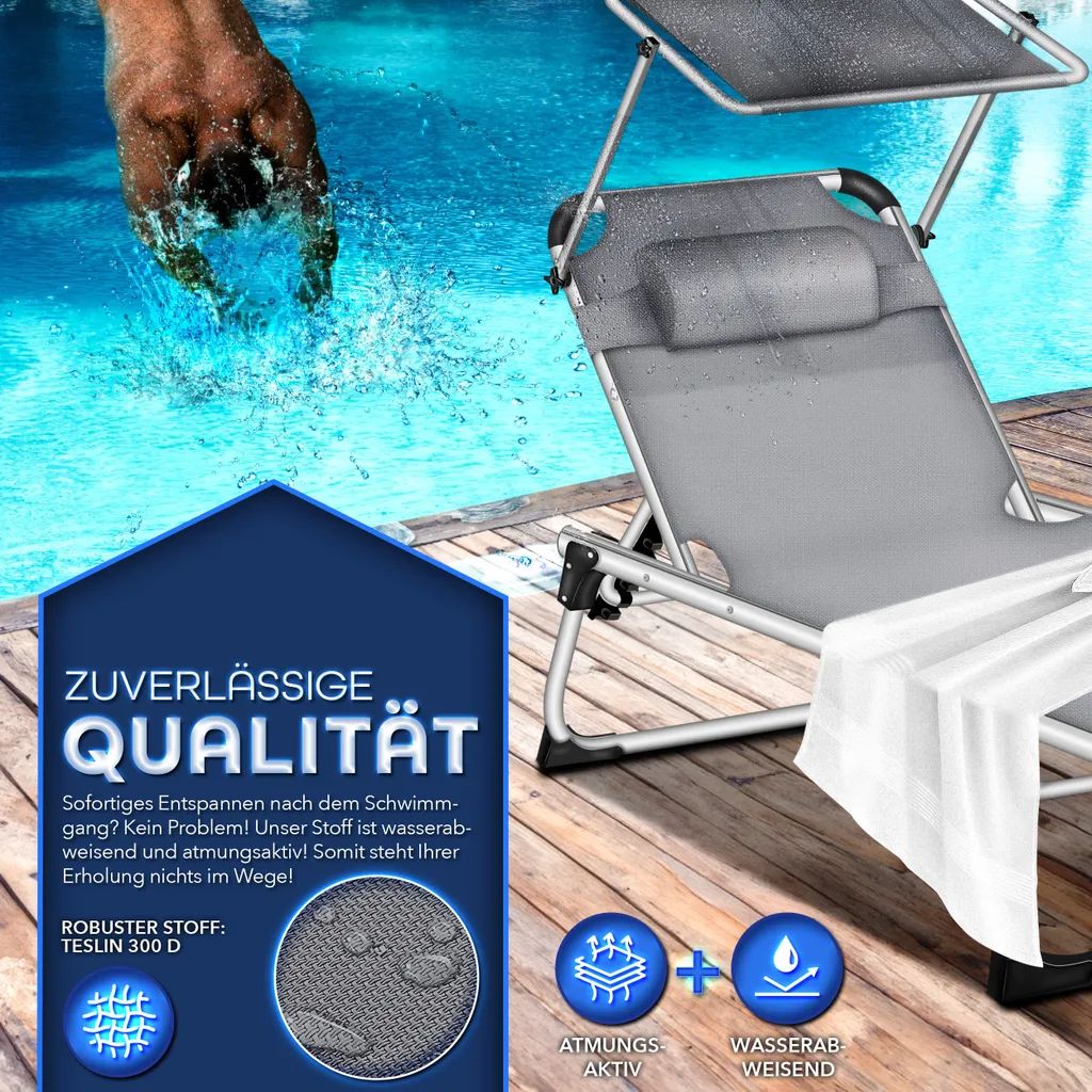 tillvex® Lettino prendisole con tetto e cuscino per la testa grigio - rivestimento Basic | lettino da giardino pieghevole | lettino da spiaggia con schienale regolabile, superficie di sdraio imbottita | lettino in alluminio - 4