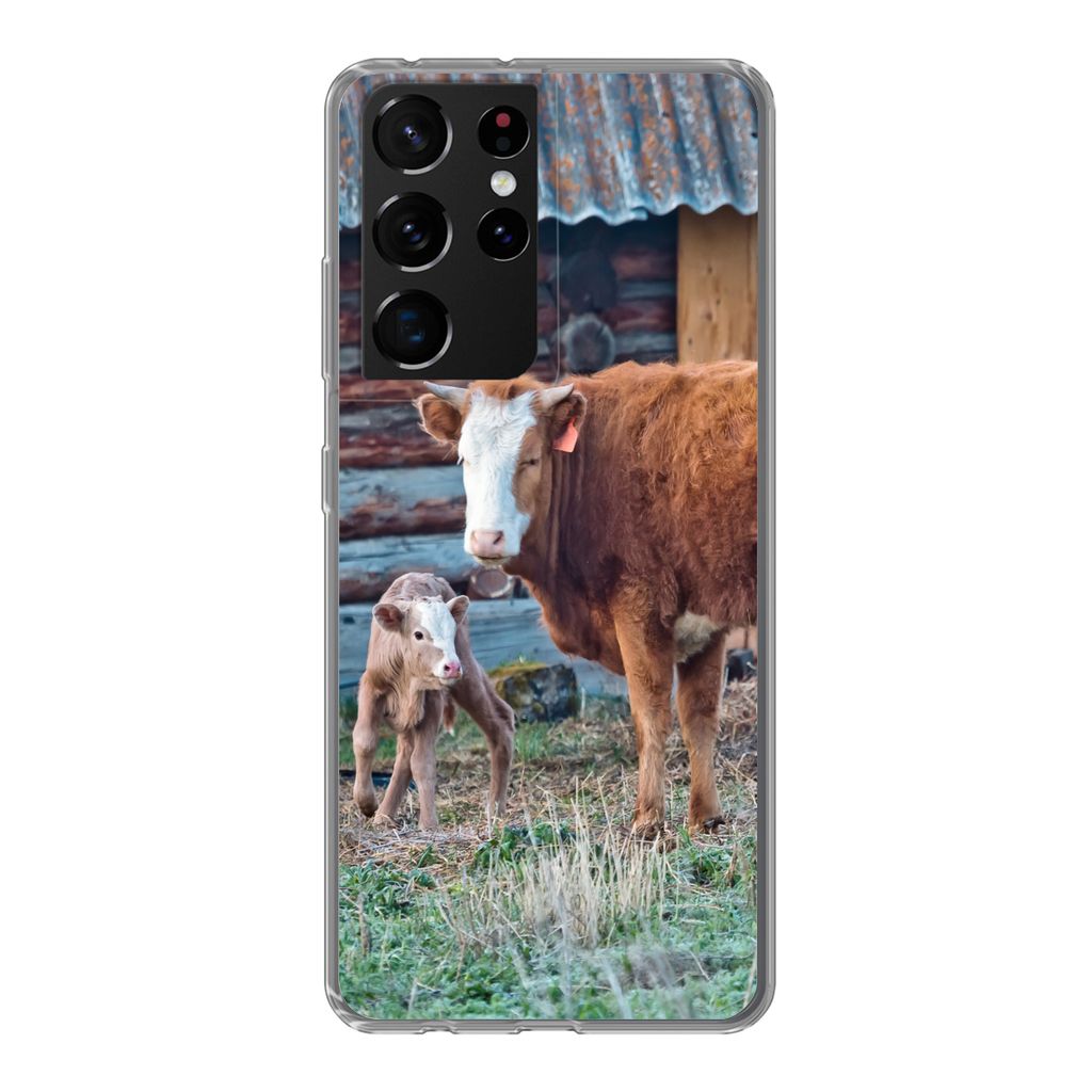 MuchoWow Handyhülle Schutzhülle Hülle für Samsung Galaxy S21 Ultra Kuh - Stall - Gras - Kalb Silikon Softcase Handy Hülle - Mobiltelefon
