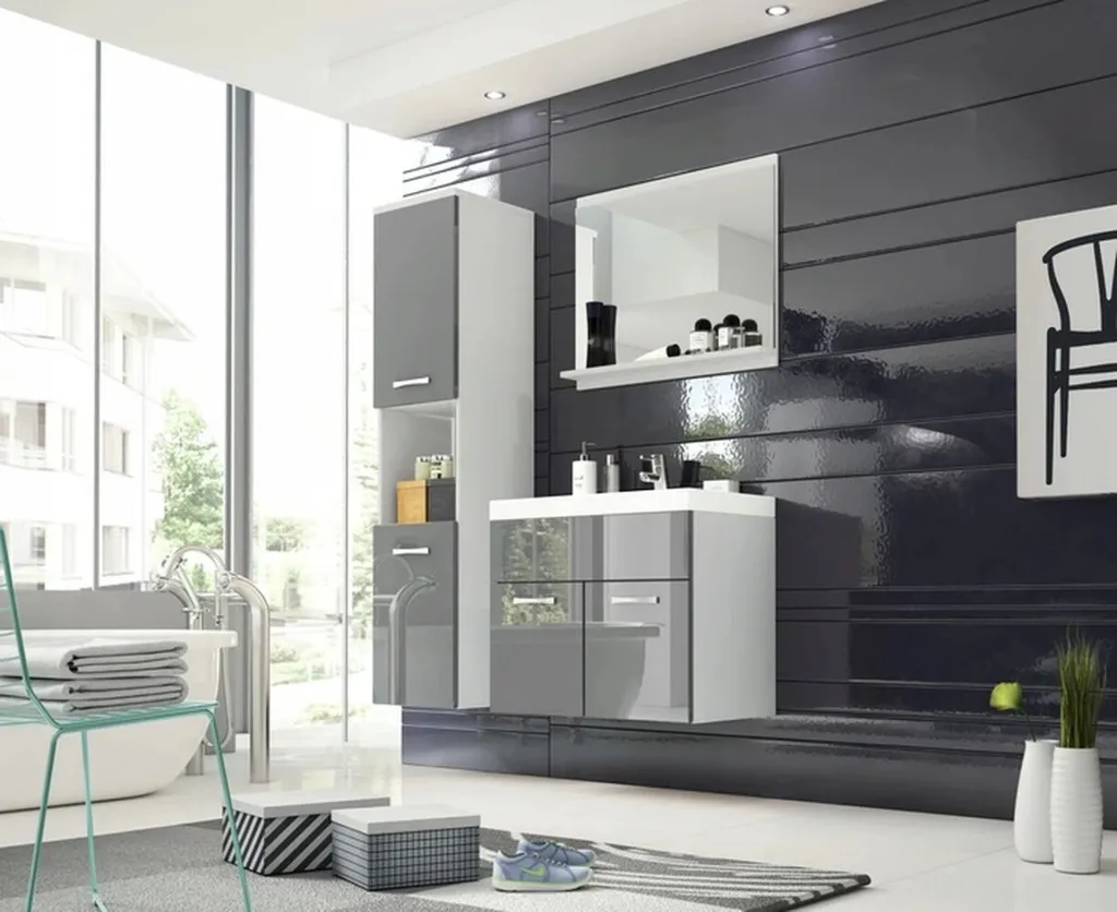 Ensemble de salle de bain MAYRA blanc et gris brillant - Design Moderne