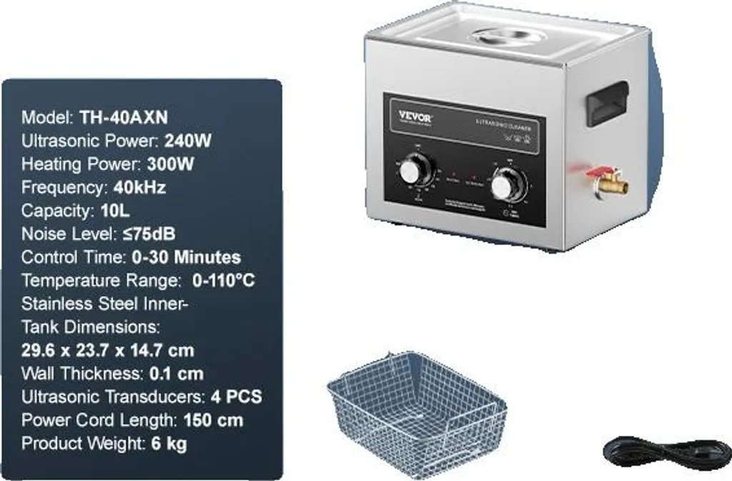 Bac à ultrasons 10L avec cuve inox pour nettoyage bijoux et mécanique