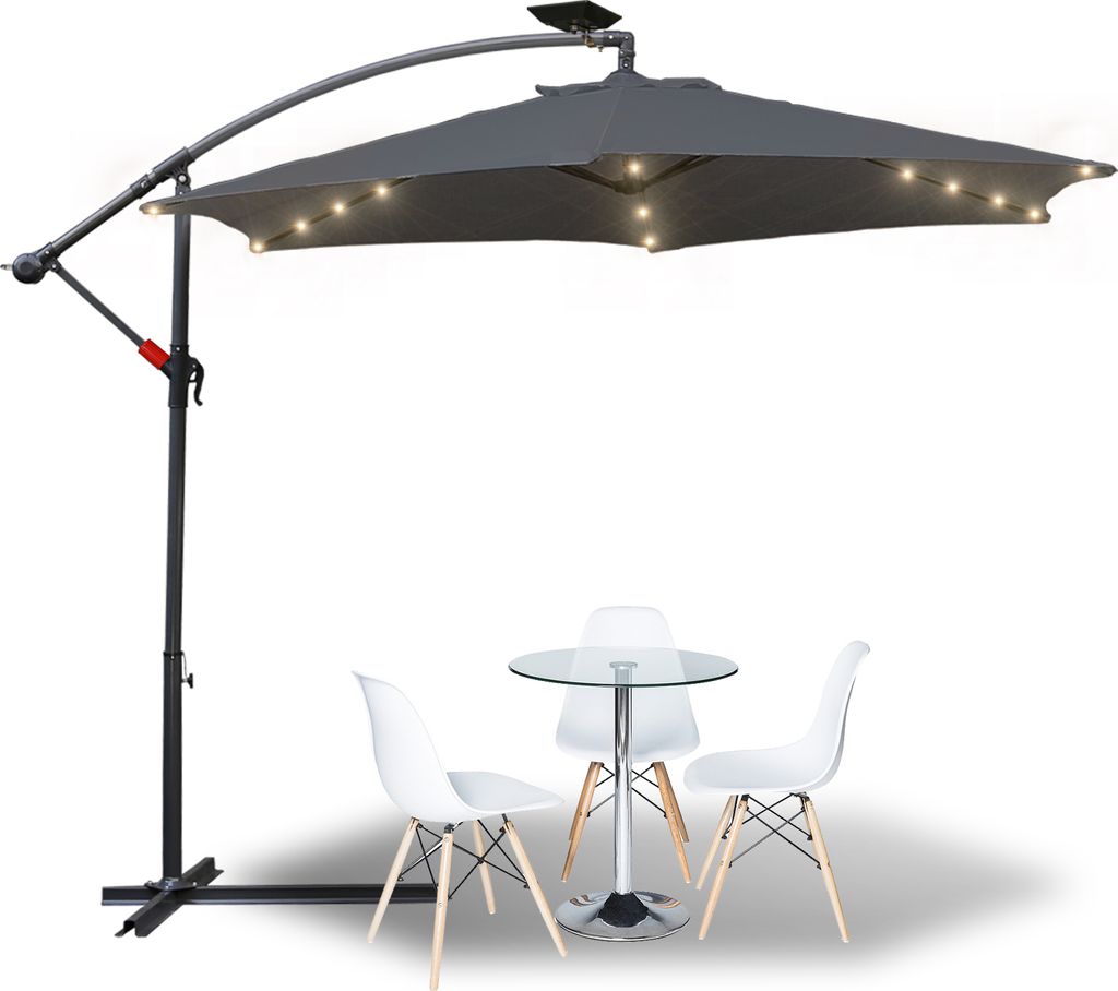 Jopassy Sonnenschirm 300cm LED-Beleuchtung & Kurbel - UV-Schutz wasserabweisend knickbar - Ampelschirm Marktschirm - Grau