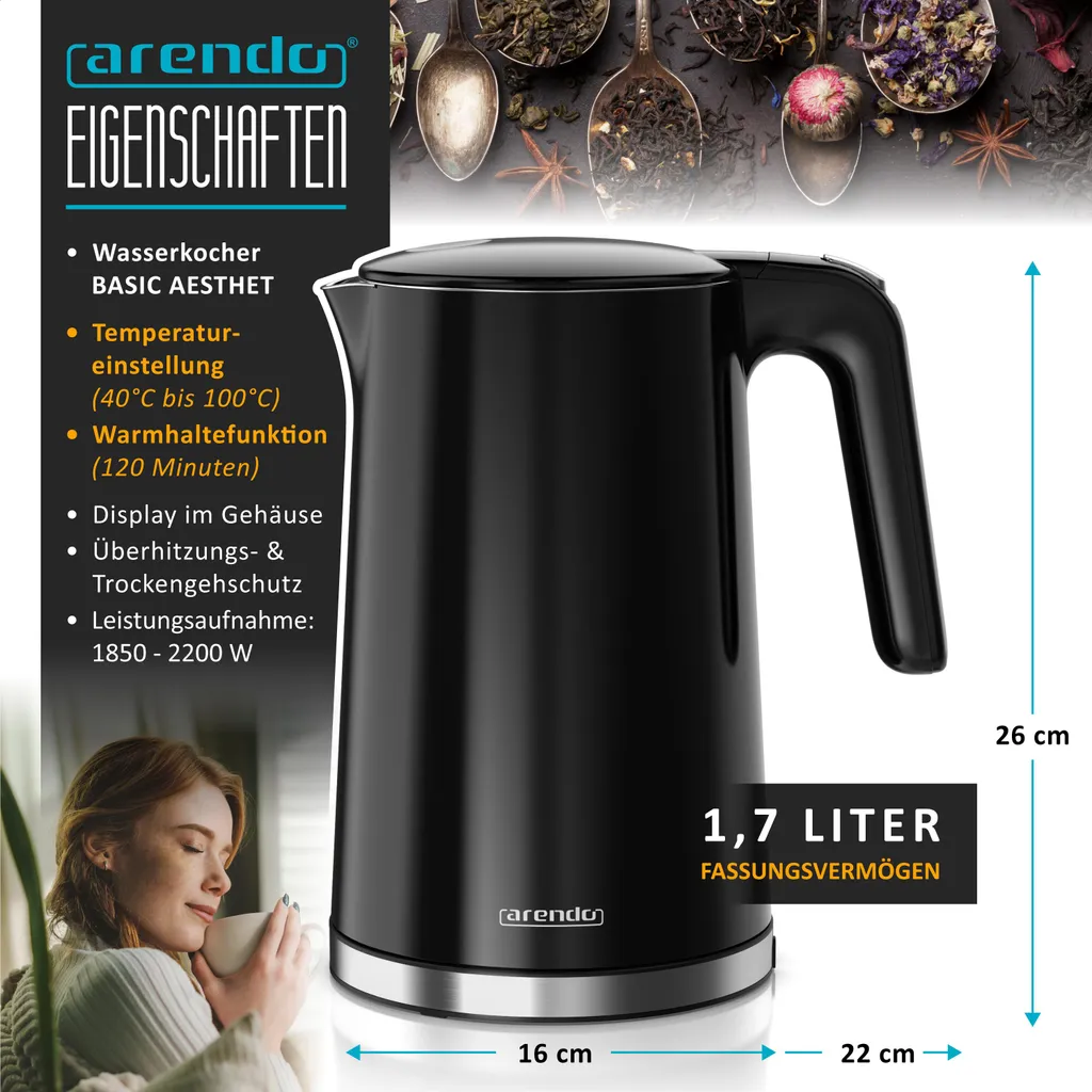 Bouilloire pour Thé et Café à Température Variable Arendo Inox 1,7L - 2